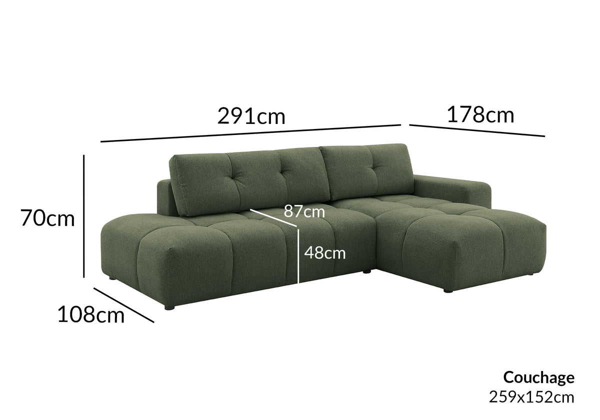 Sofá esquinero convertible con cómoda en tejido texturado verde oliva ANGELINE - Ángulo recto
