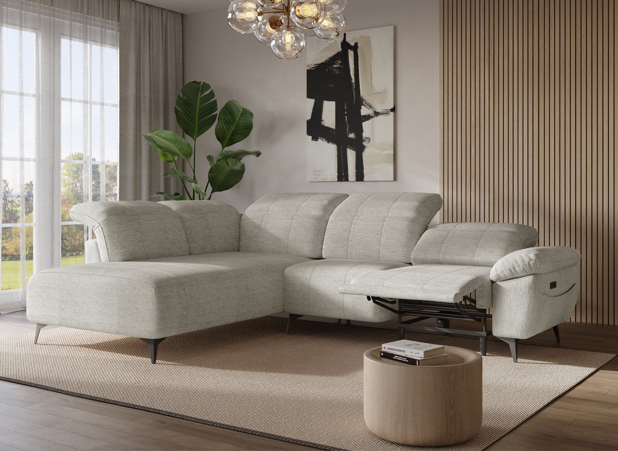 Sofá esquinero eléctrico reclinable SOLINA en terciopelo jaspeado beige - Esquina izquierda