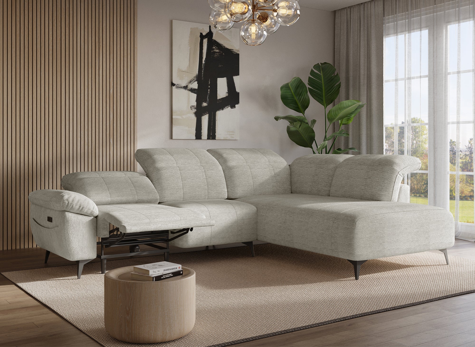 Sofá esquinero reclinable eléctrico SOLINA en terciopelo jaspeado beige - Esquinero derecho