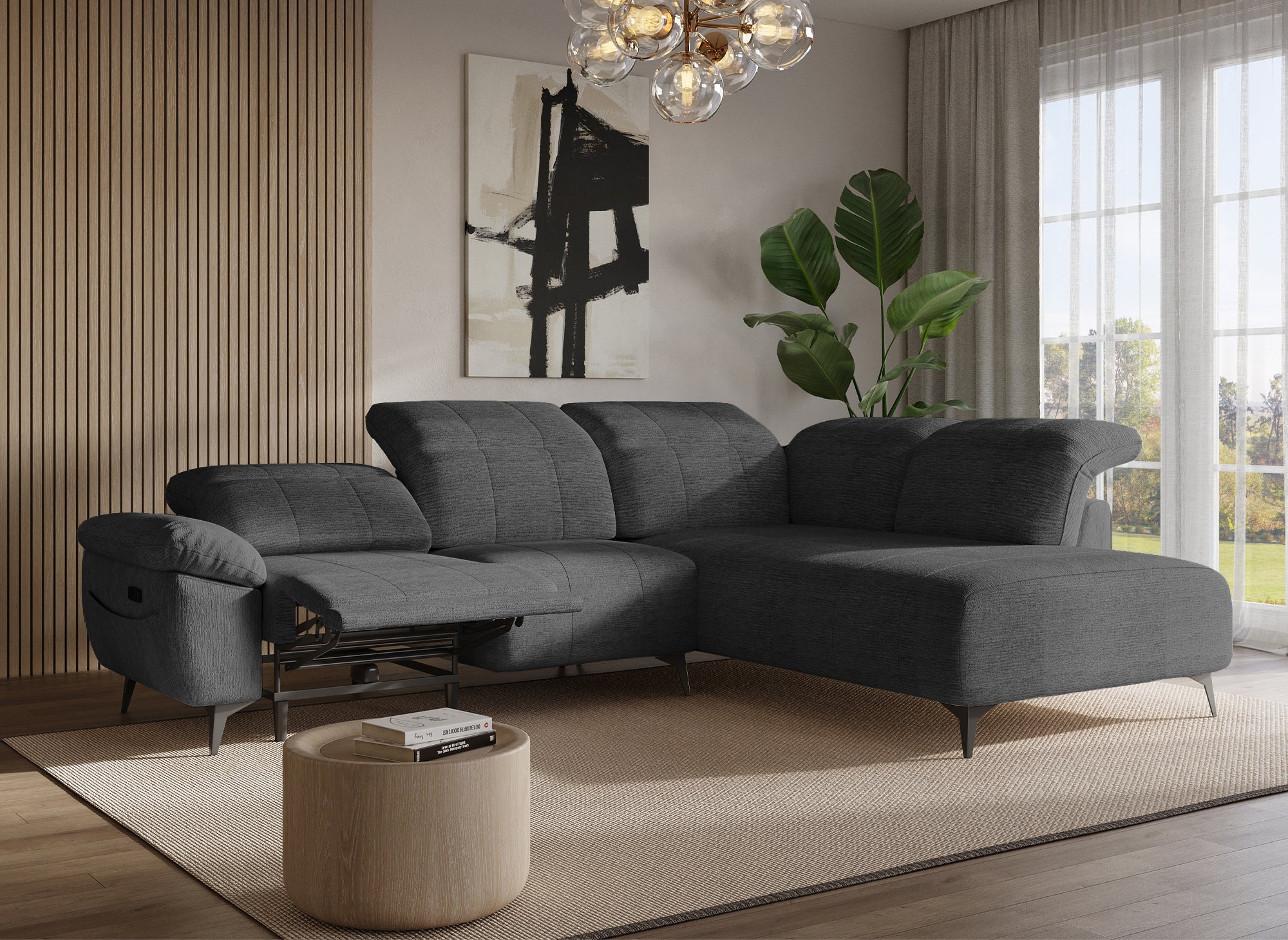 Sofá esquinero reclinable eléctrico SOLINA en terciopelo gris jaspeado - Esquinero derecho