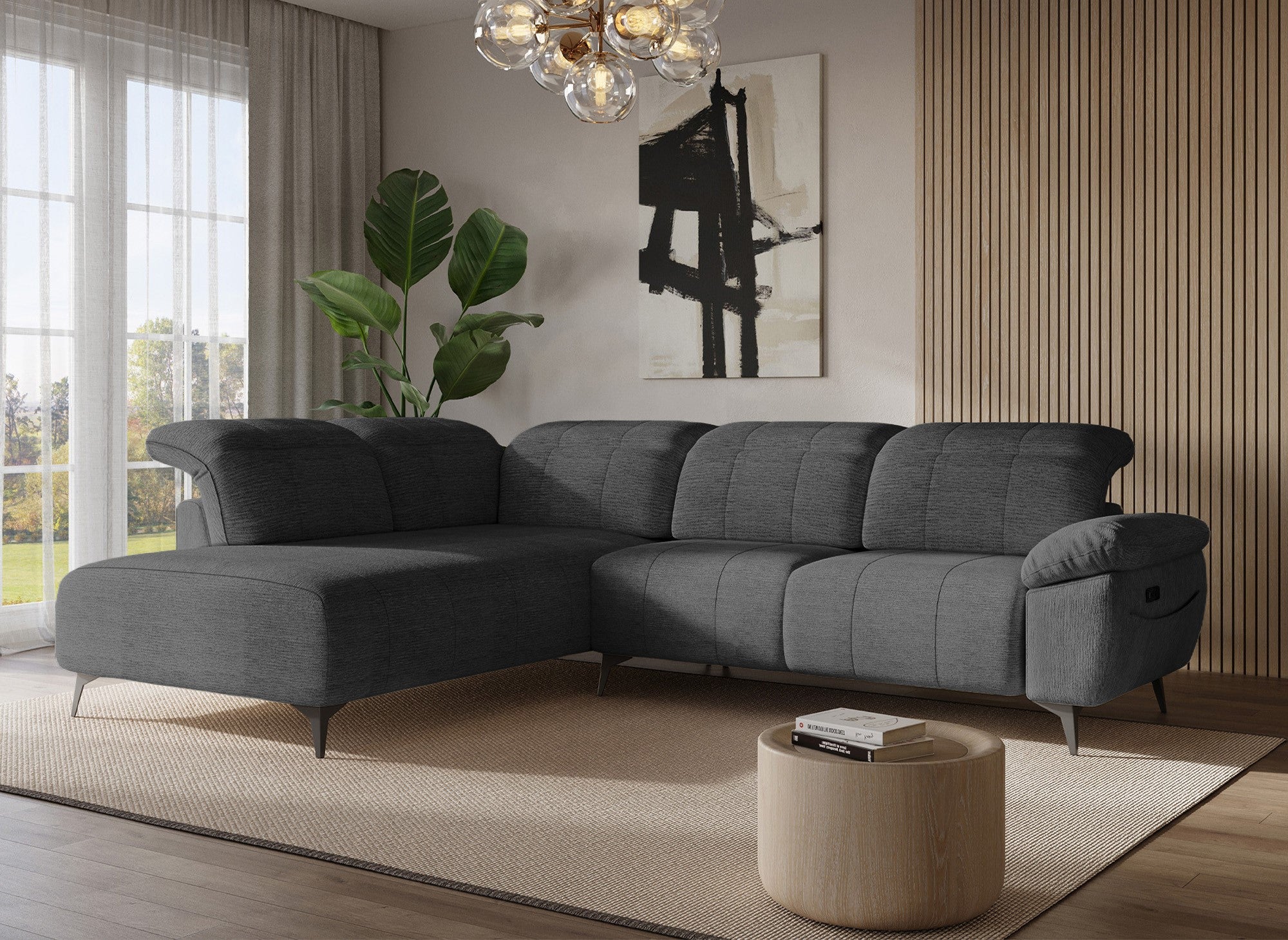 Sofá esquinero eléctrico reclinable SOLINA en terciopelo gris jaspeado - Esquina izquierda