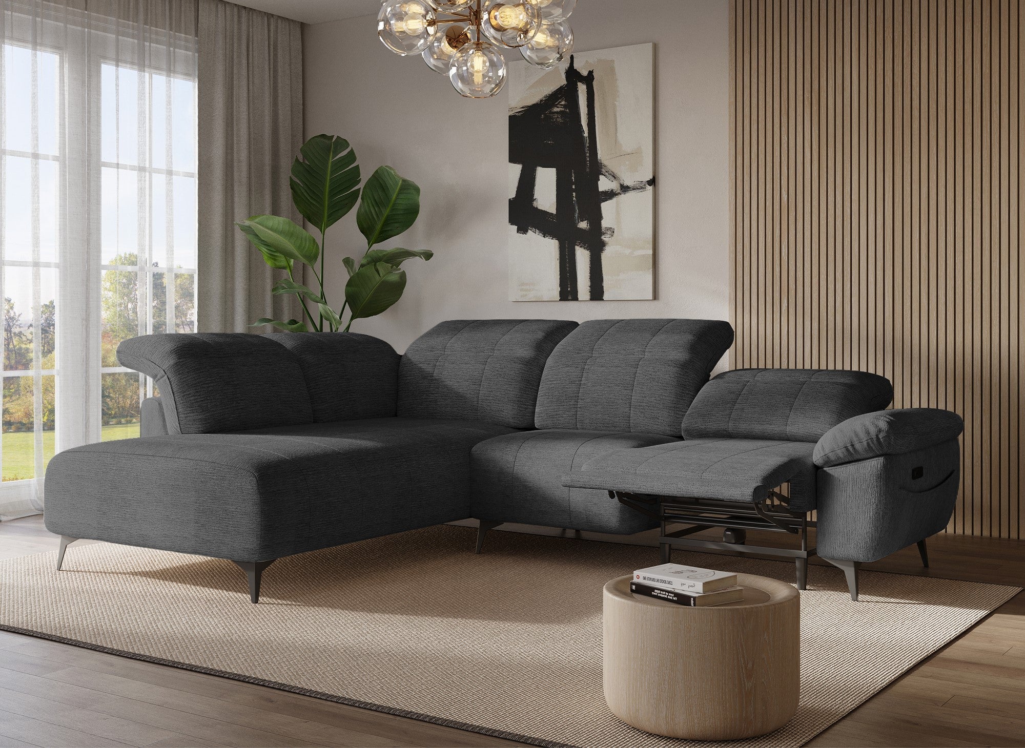 Sofá esquinero eléctrico reclinable SOLINA en terciopelo gris jaspeado - Esquina izquierda