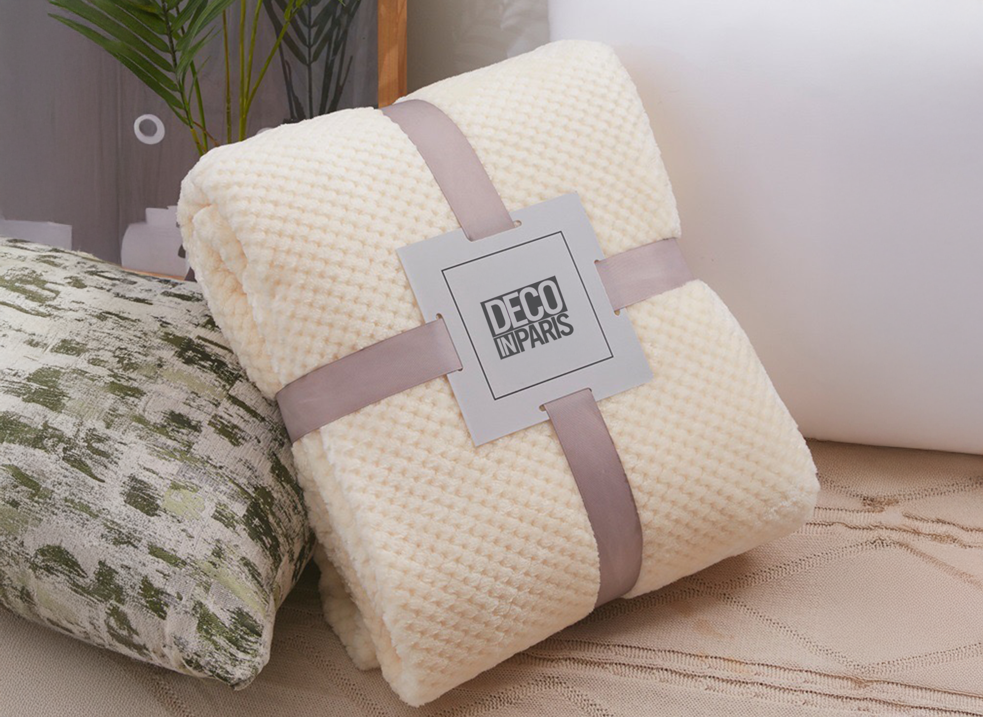 Manta con flecos efecto cachemir color beige OTYS, 150 x 200 cm