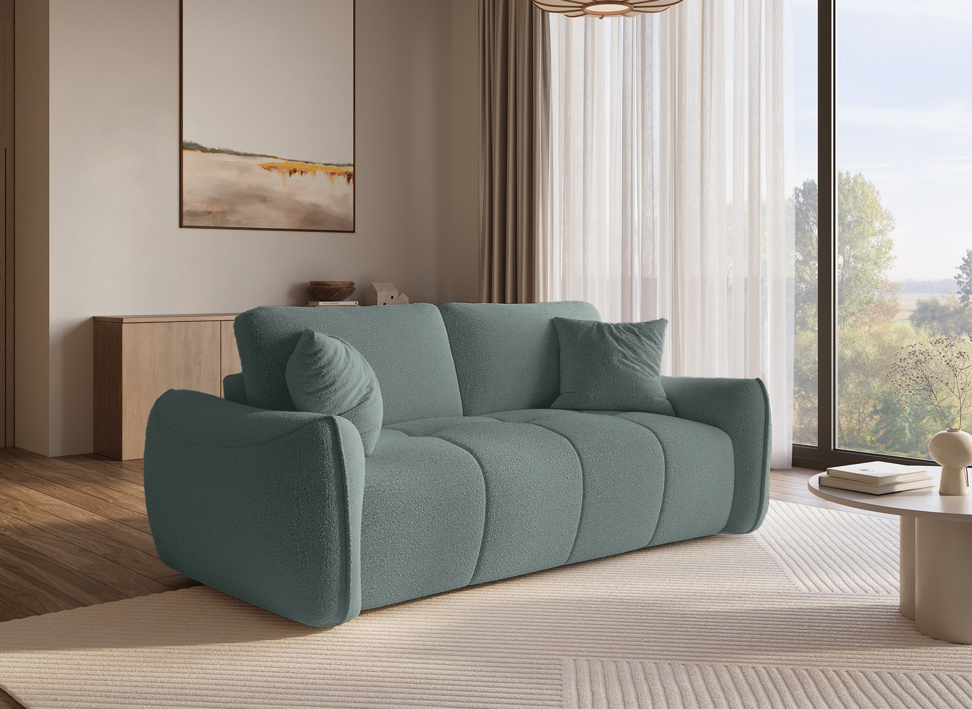 Sofá EZRA de 3 plazas en tejido bouclé verde claro