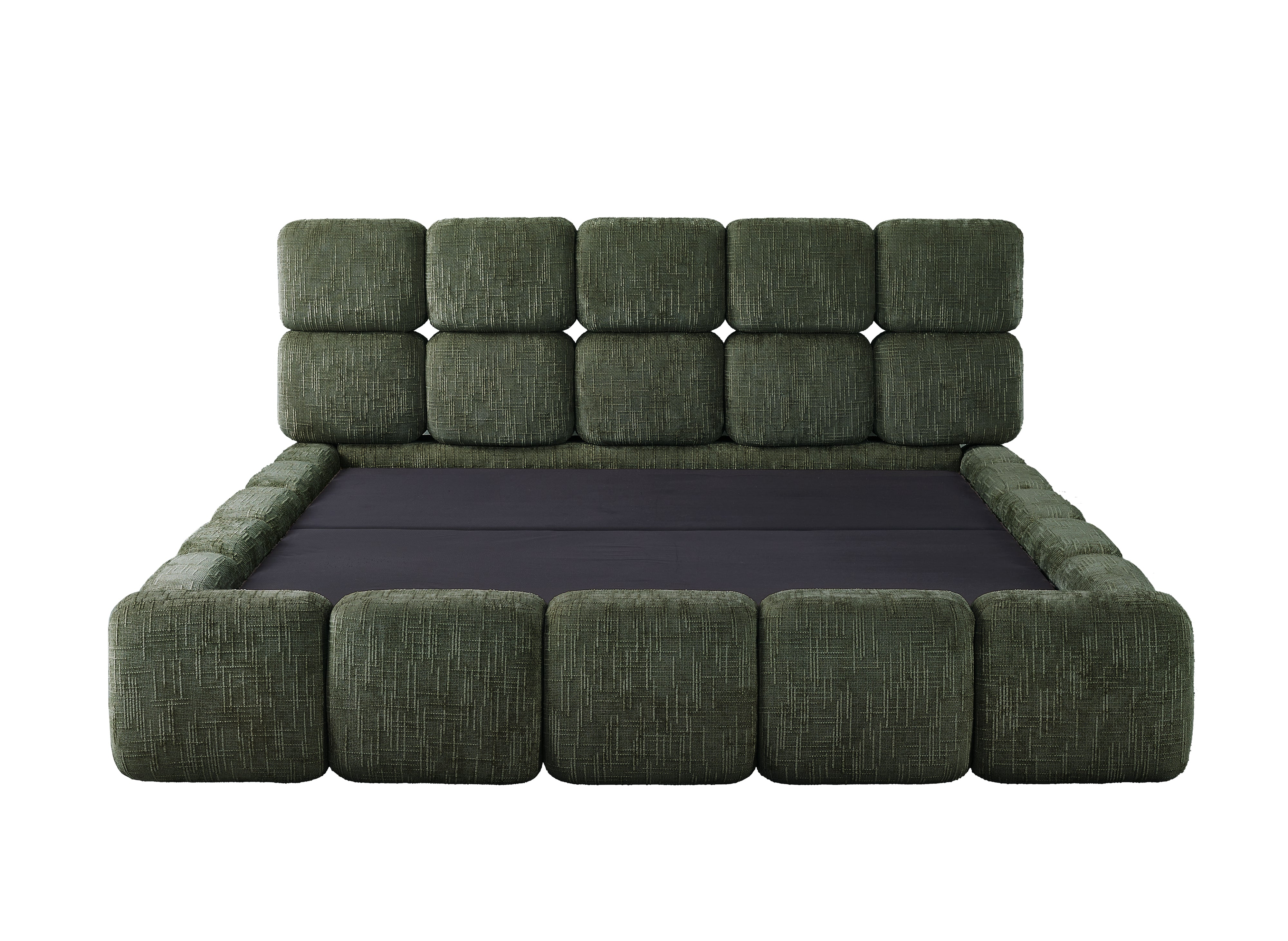 Cama con almacenaje BUBBLE en terciopelo jaspeado verde oliva, 180x200 cm