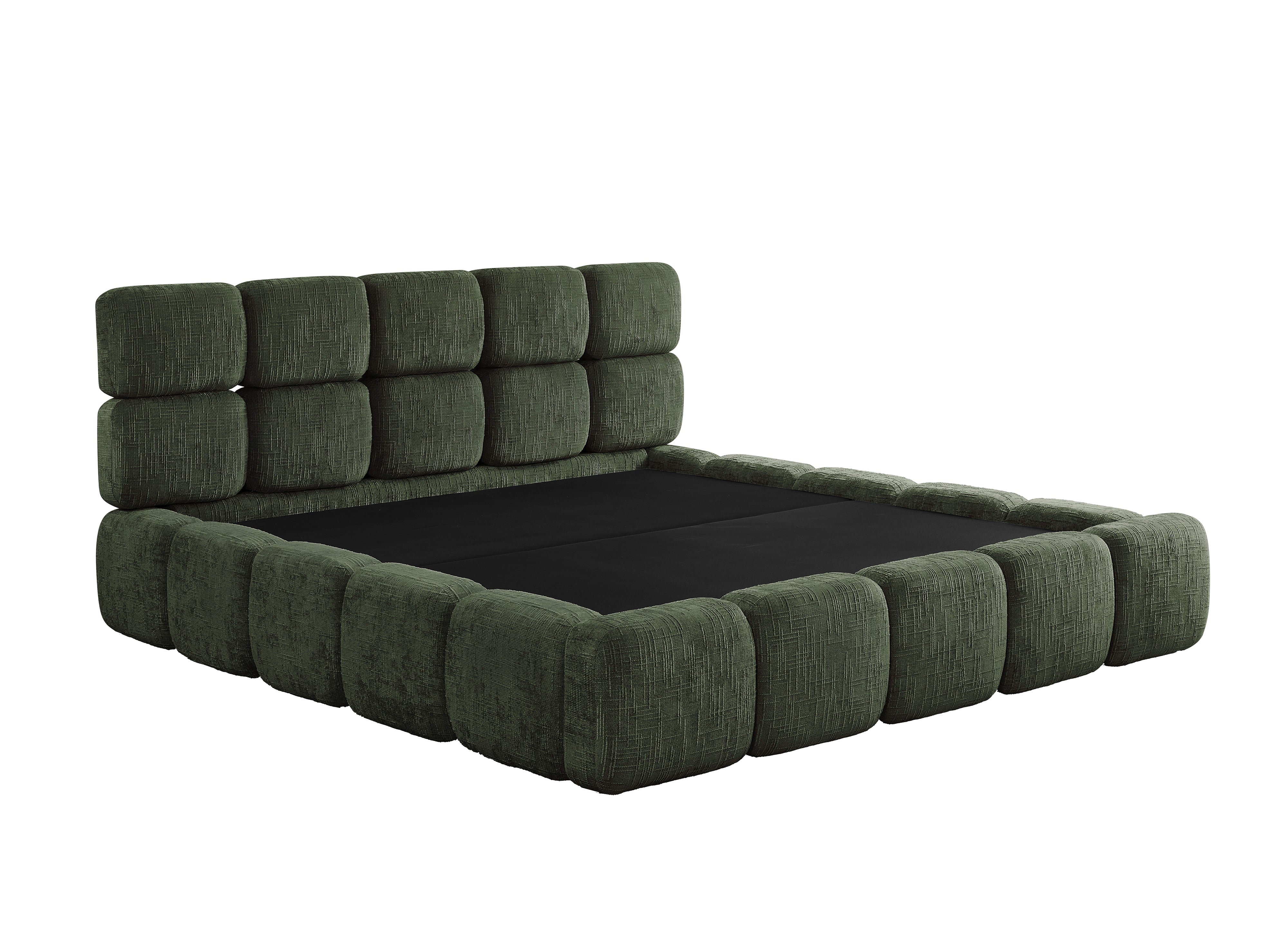 Cama con almacenaje BUBBLE en terciopelo jaspeado verde oliva, 180x200 cm