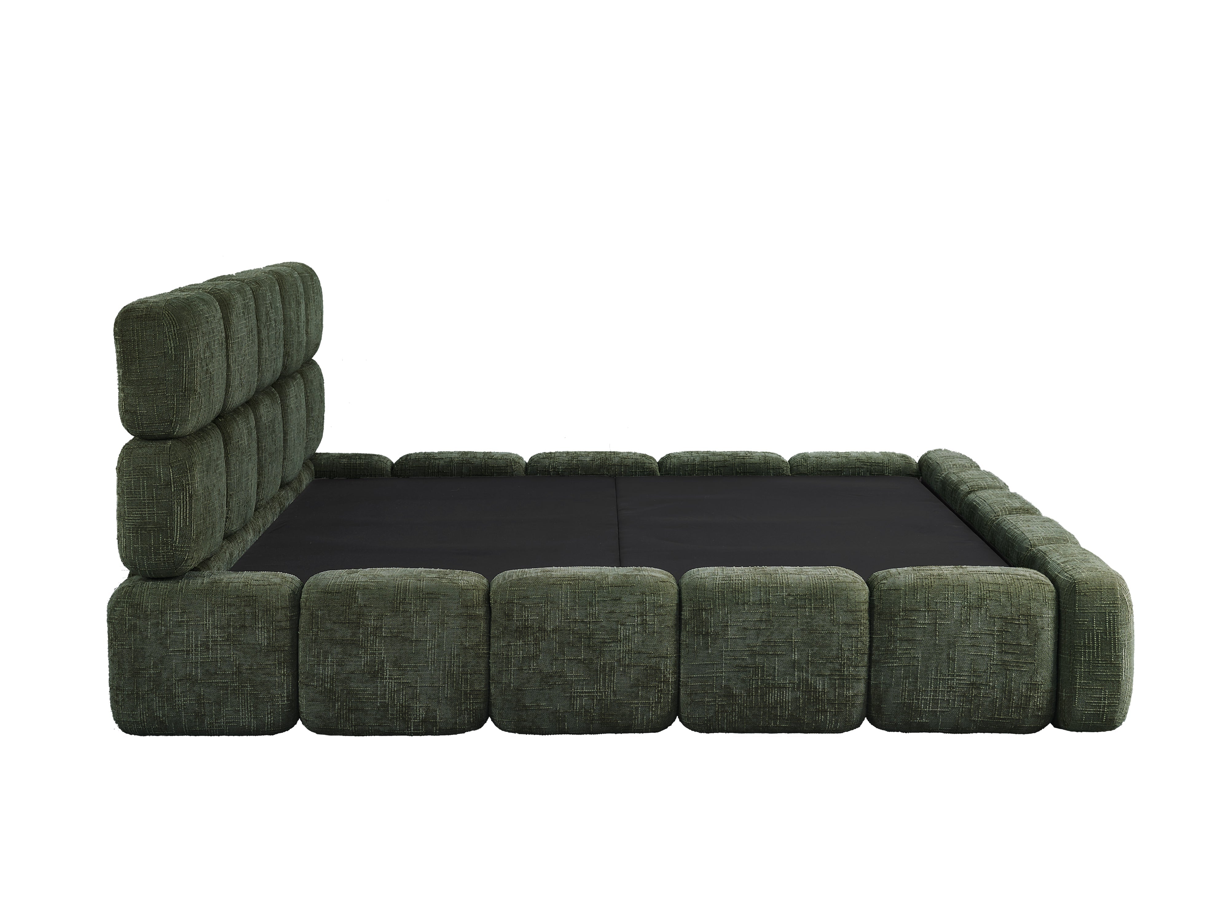 Cama con almacenaje BUBBLE en terciopelo jaspeado verde oliva, 180x200 cm