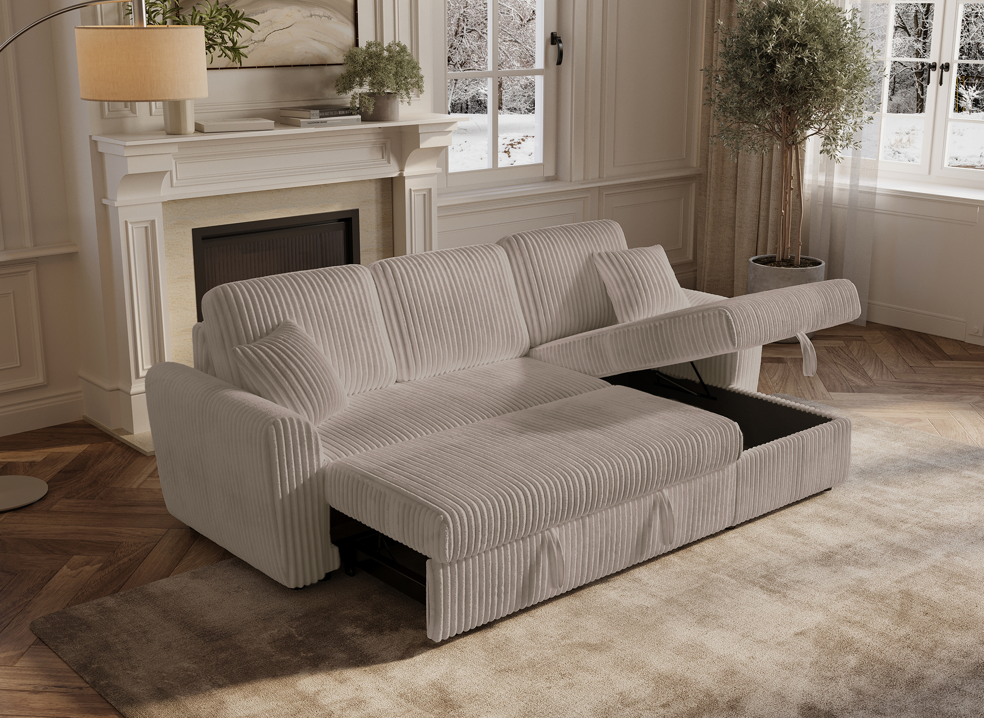 Sofá esquinero convertible y reversible ADRYEN con almacenaje en pana gruesa color topo