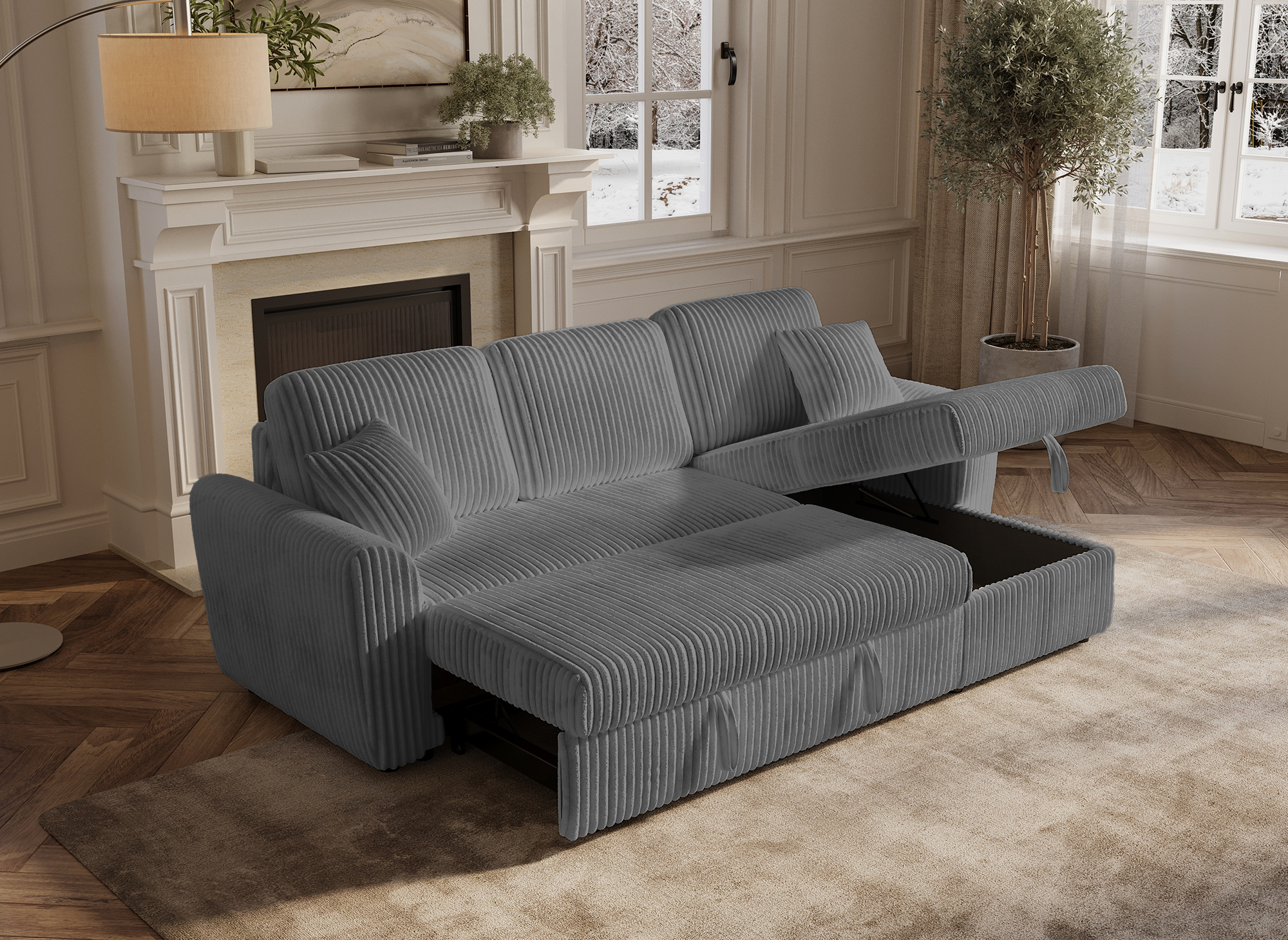 Sofá esquinero convertible y reversible ADRYEN con almacenaje en pana gris gruesa