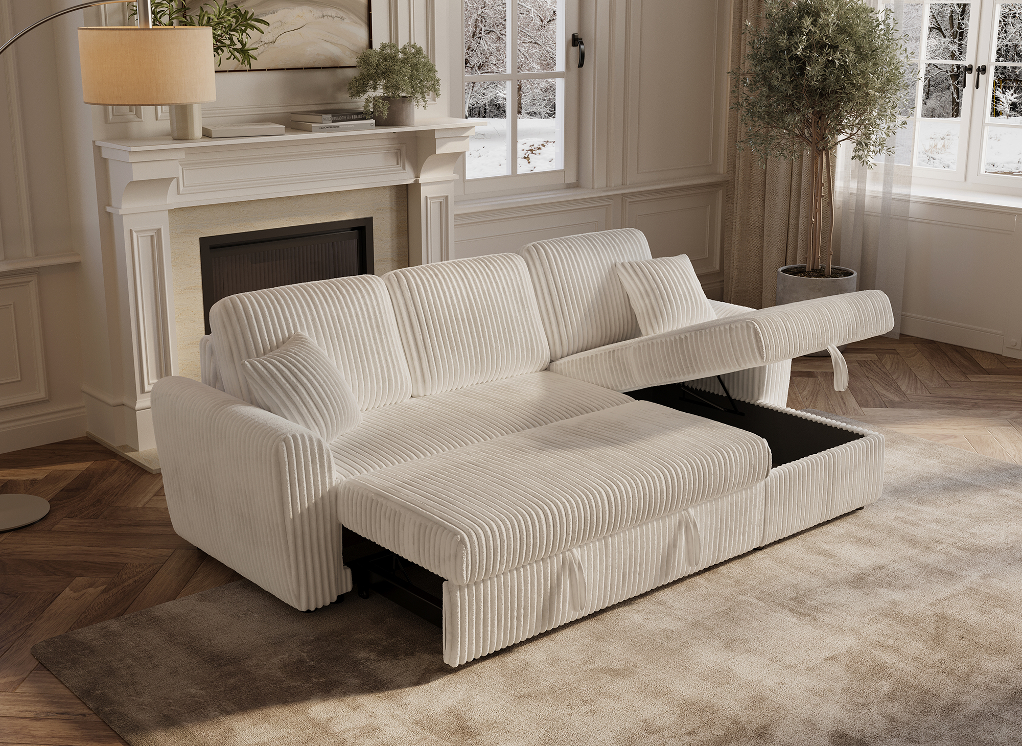 Sofá esquinero convertible y reversible con almacenaje en pana gruesa color beige ADRYEN