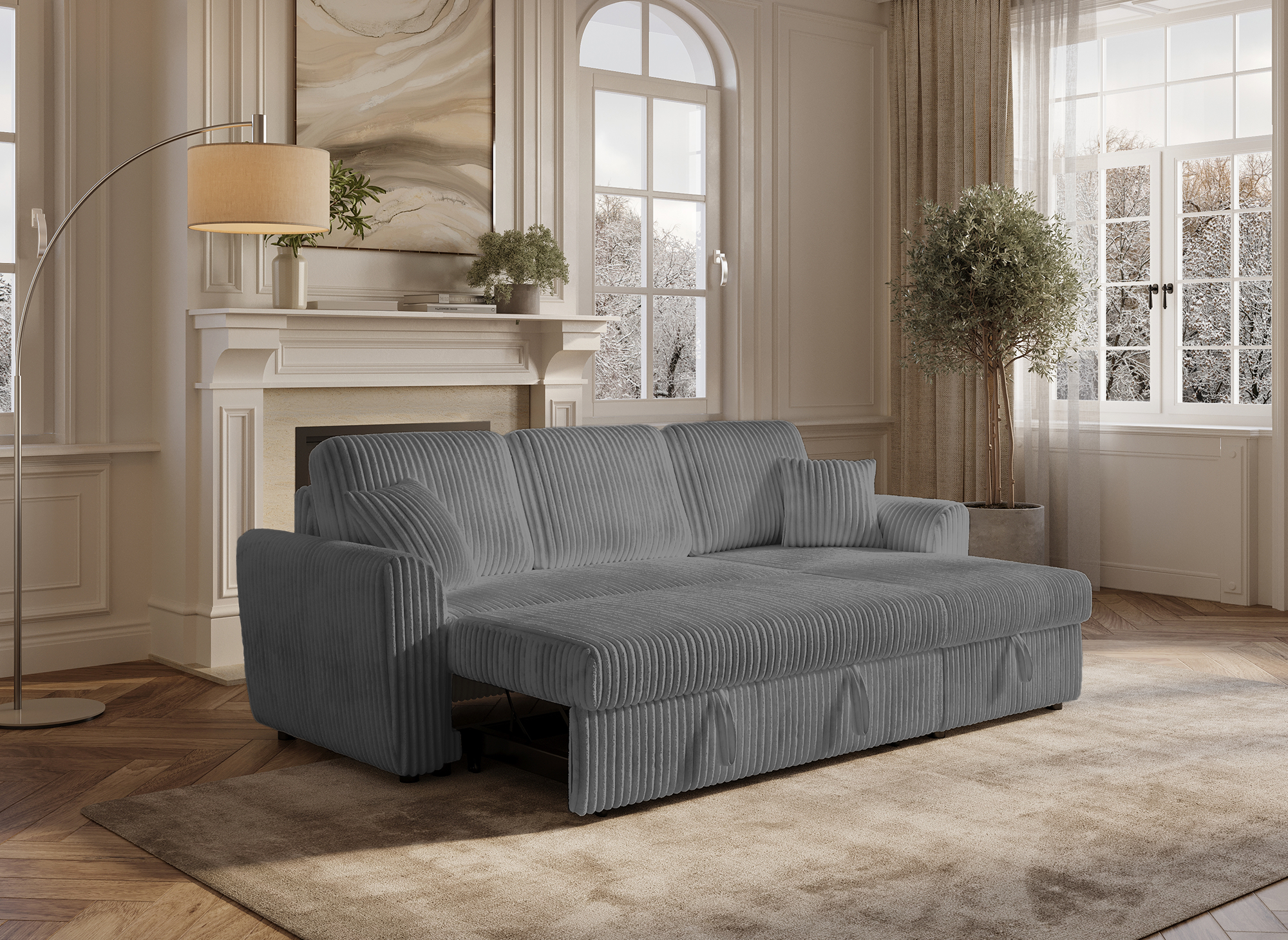 Sofá esquinero convertible y reversible ADRYEN con almacenaje en pana gris gruesa