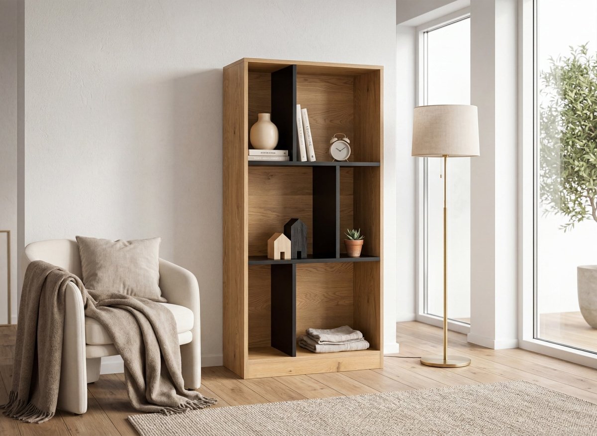 Bibliothèque design en bois noir et chêne 6 niches OFELIA - DécoInParis