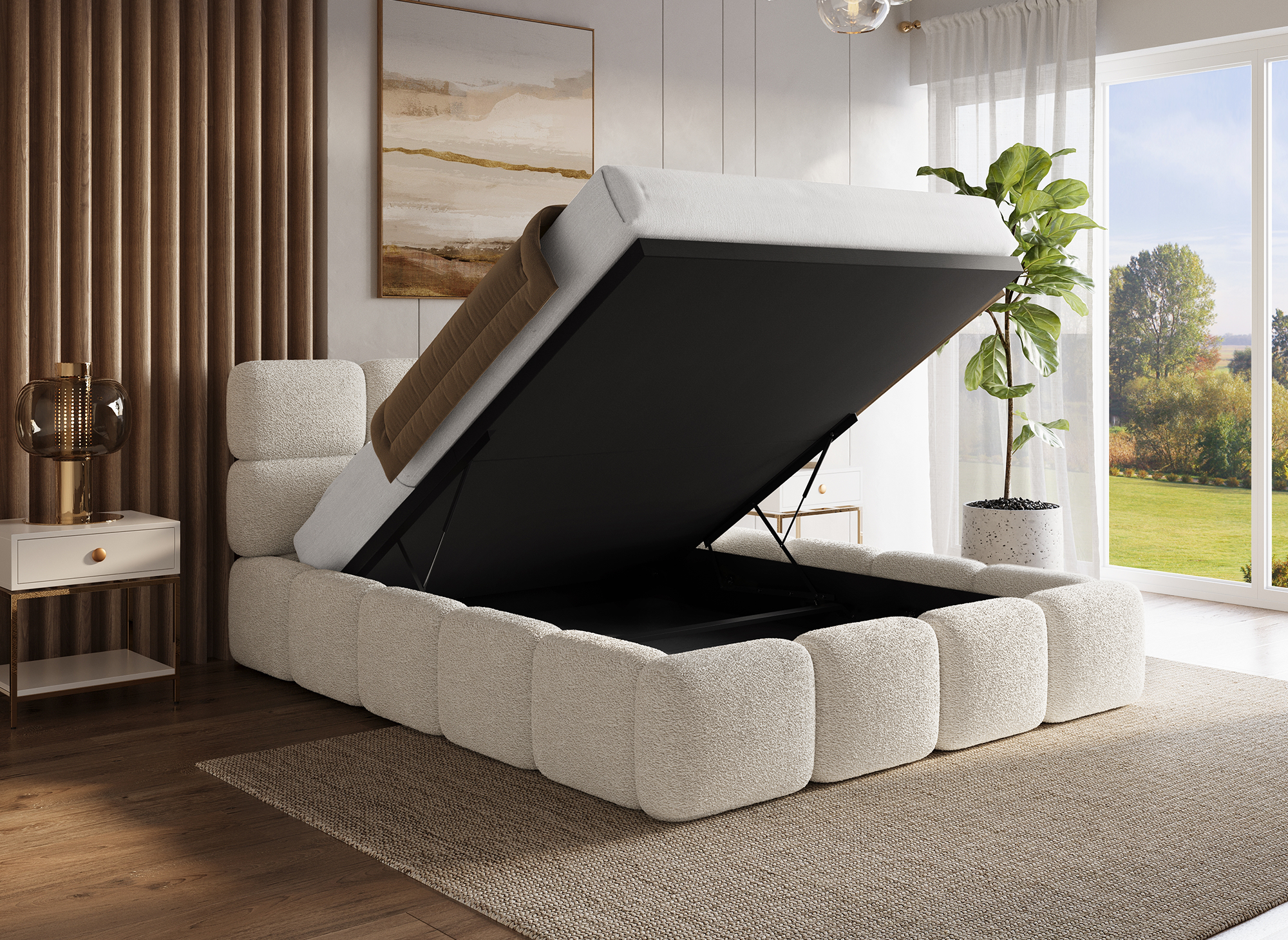 Cama con almacenaje BUBBLE de tela de rizo color beige, 140 x 190 cm