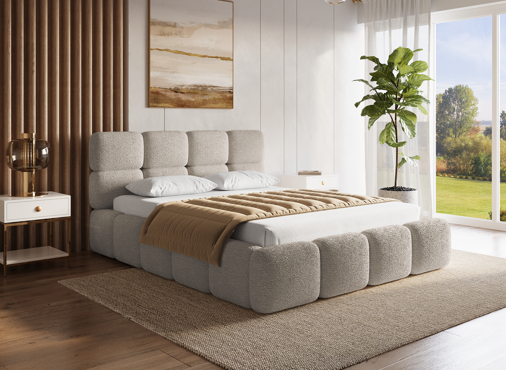 Cama con almacenaje BUBBLE de tela de rizo color topo, 140 x 190 cm