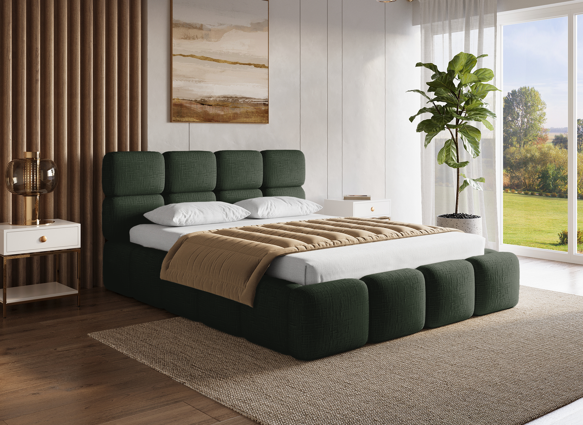 Cama con almacenaje BUBBLE en terciopelo jaspeado verde oliva de 140x190 cm