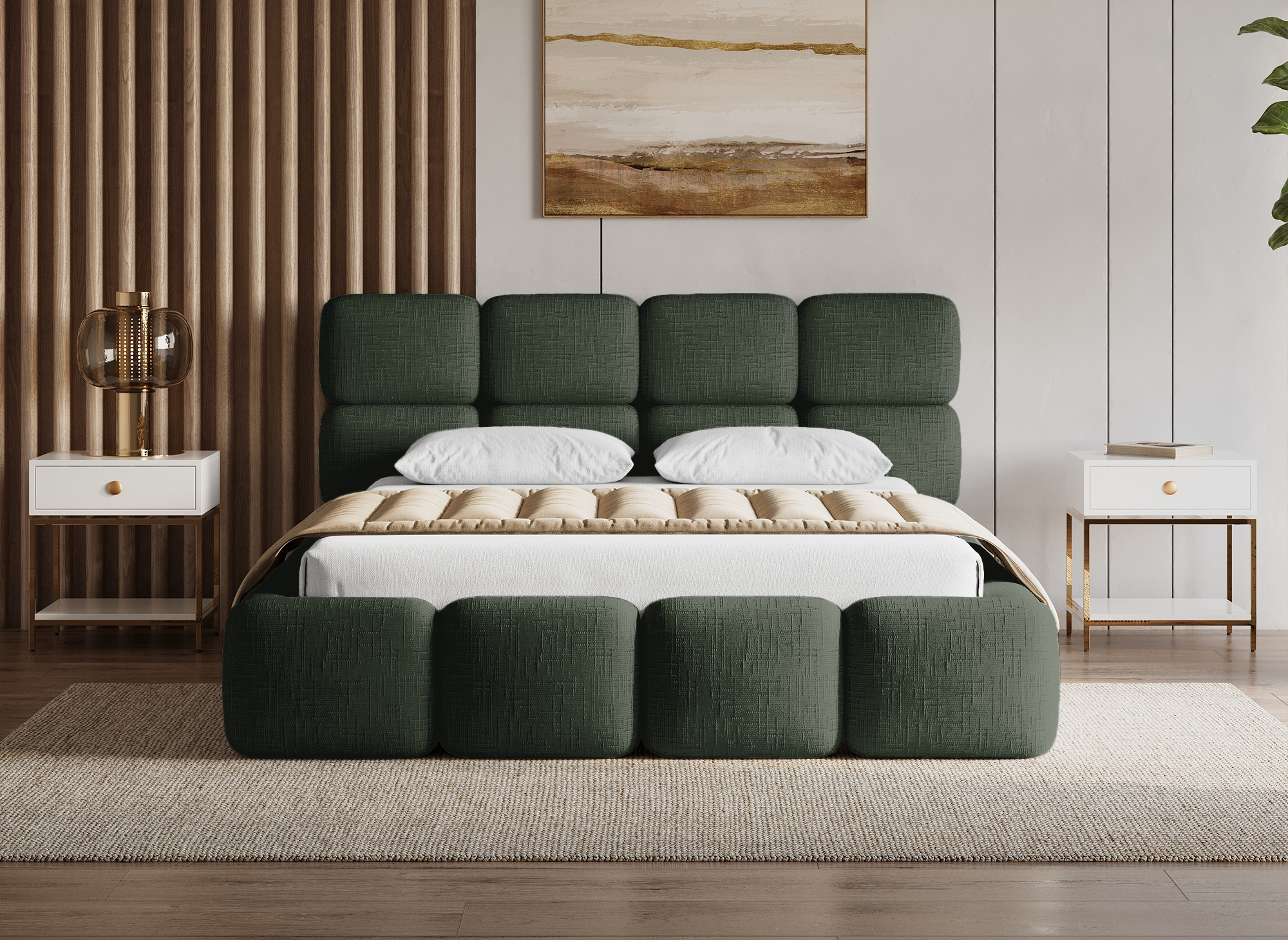 Cama BUBBLE de 160x200 cm en terciopelo jaspeado verde oliva con almacenaje