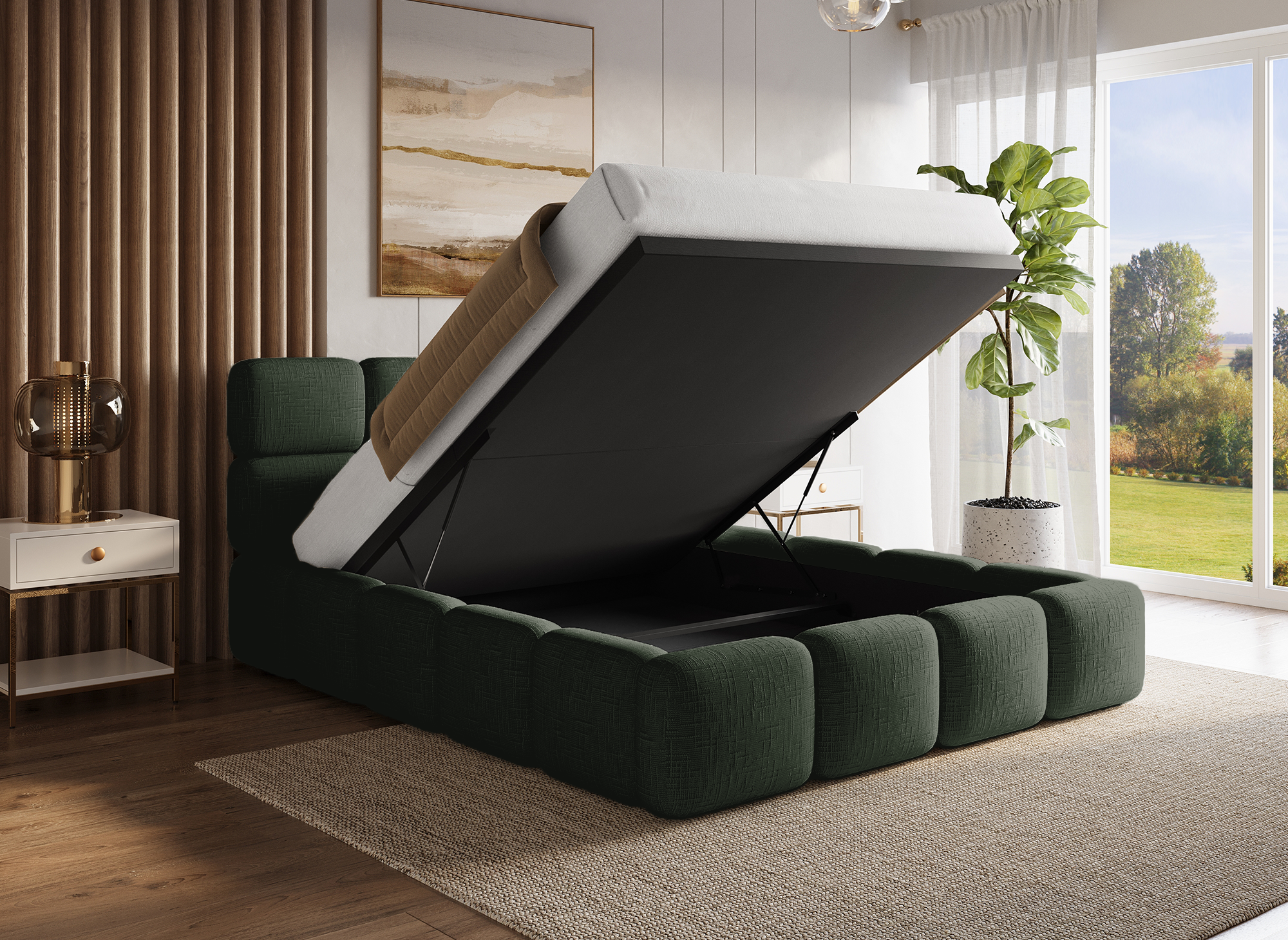 Cama BUBBLE de 160x200 cm en terciopelo jaspeado verde oliva con almacenaje