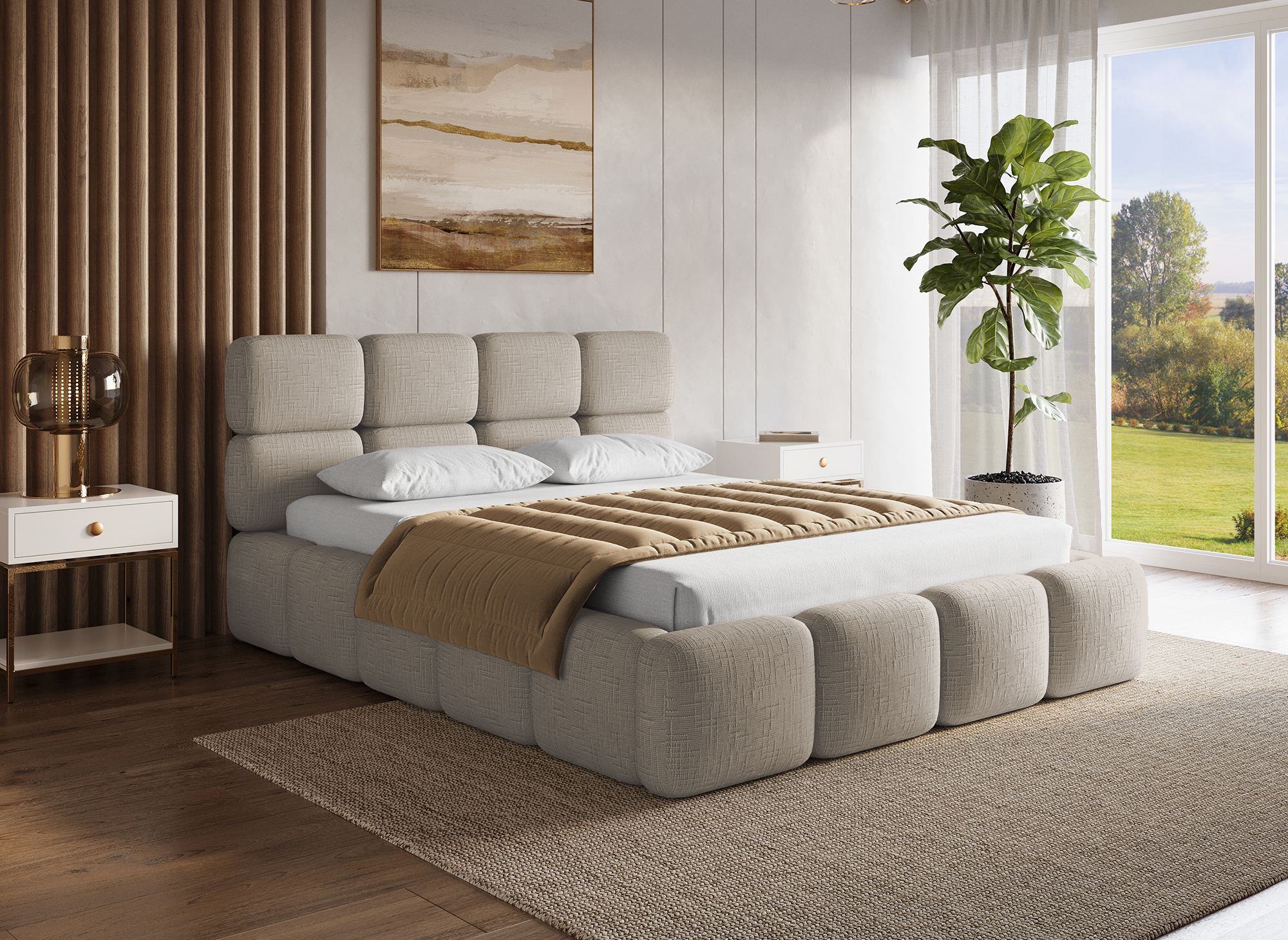 Cama con almacenaje BUBBLE de terciopelo jaspeado color topo, 140 x 190 cm