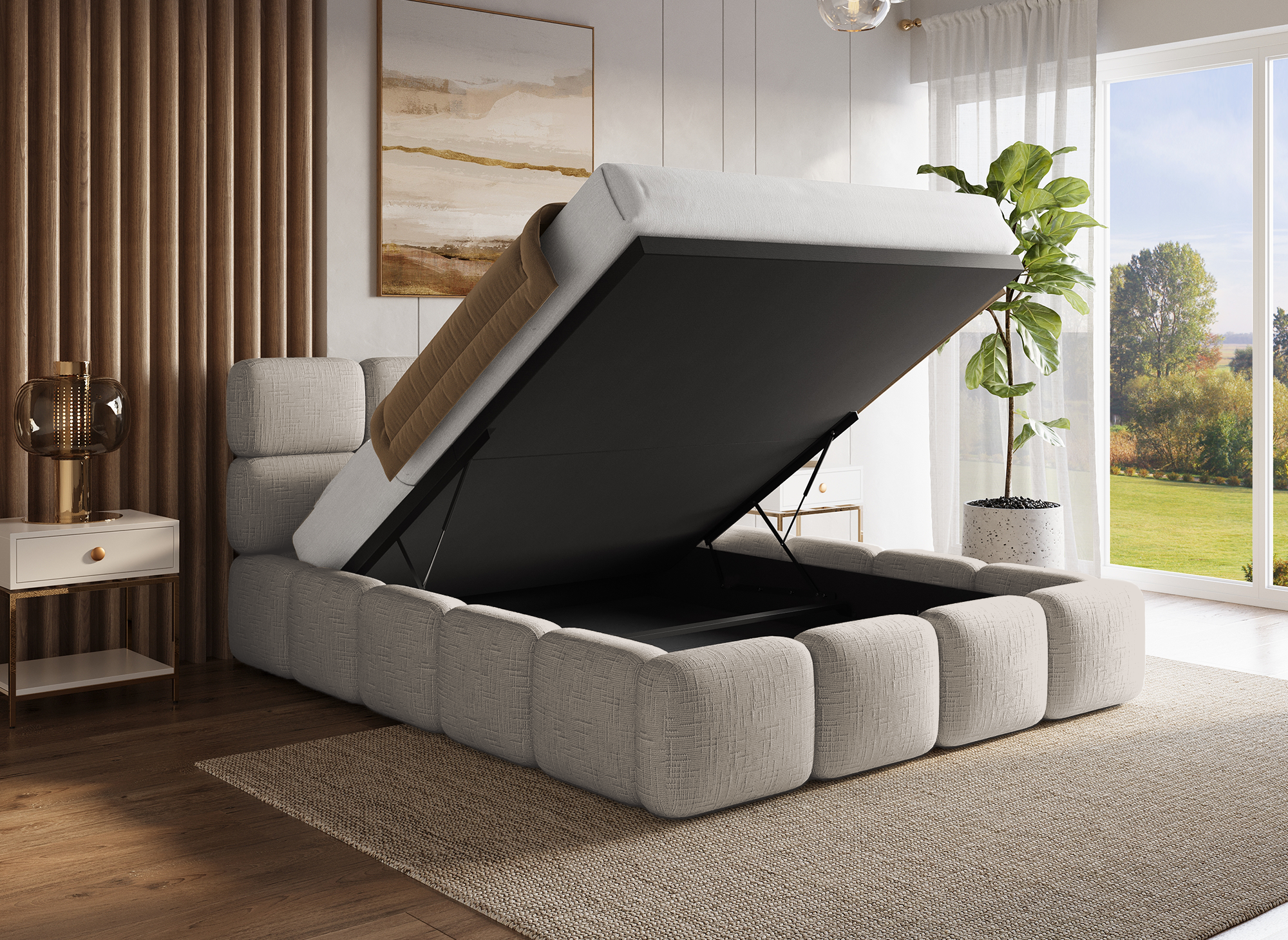 Cama con almacenaje BUBBLE de terciopelo jaspeado color topo, 140 x 190 cm