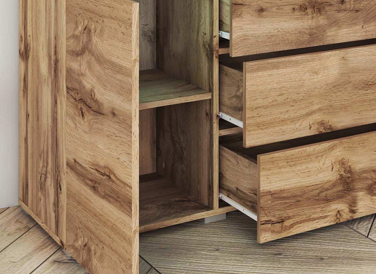 Buffet commode 2 portes 3 tiroirs chêne avec LED - ALEXIA - DécoInParis