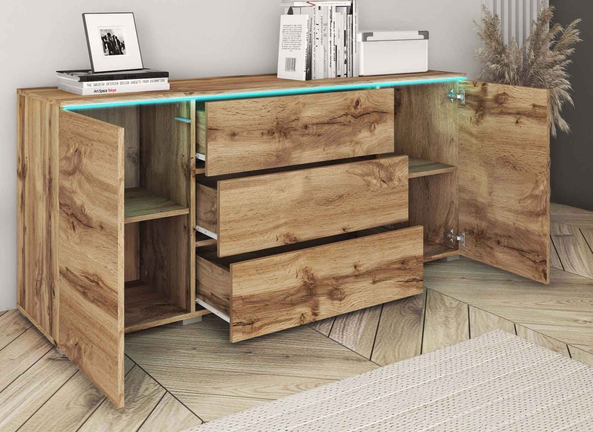 Buffet commode 2 portes 3 tiroirs chêne avec LED - ALEXIA - DécoInParis