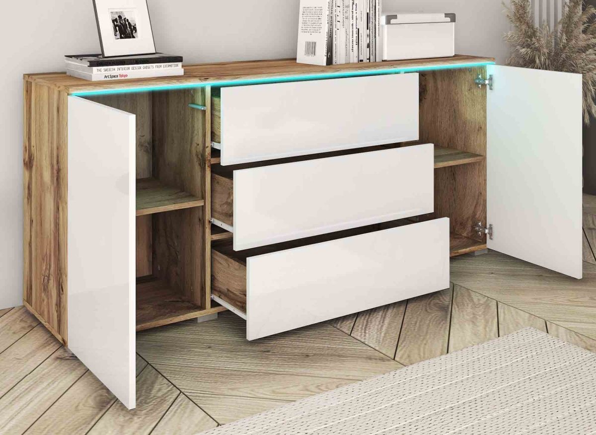 Buffet commode 2 portes 3 tiroirs chêne et blanc avec LED - ALEXIA - DécoInParis
