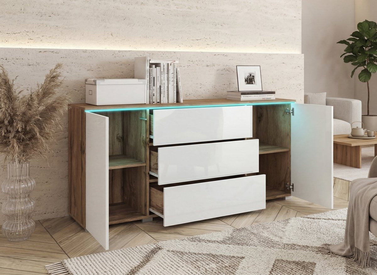 Buffet commode 2 portes 3 tiroirs chêne et blanc avec LED - ALEXIA - DécoInParis