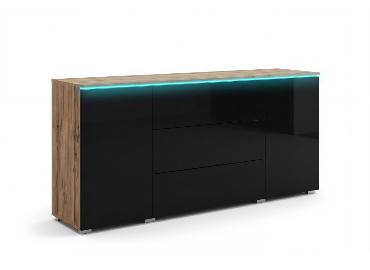 Buffet commode 2 portes 3 tiroirs chêne et noir avec LED - ALEXIA - DécoInParis