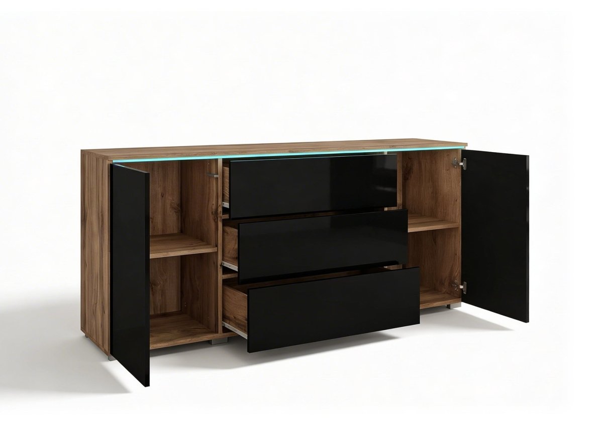 Buffet commode 2 portes 3 tiroirs chêne et noir avec LED - ALEXIA - DécoInParis