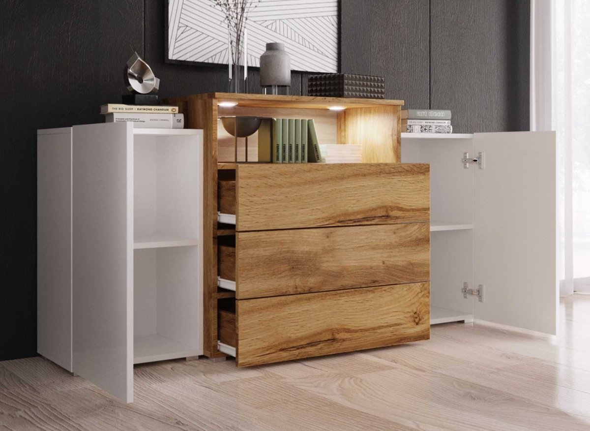 Buffet commodes 2 portes 3 tiroirs blanc et bois avec LED - MARCEL - DécoInParis