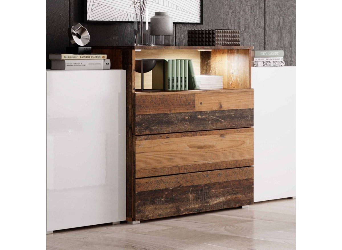 Buffet commodes 2 portes 3 tiroirs blanc et chêne vieilli avec LED - MARCEL - DécoInParis