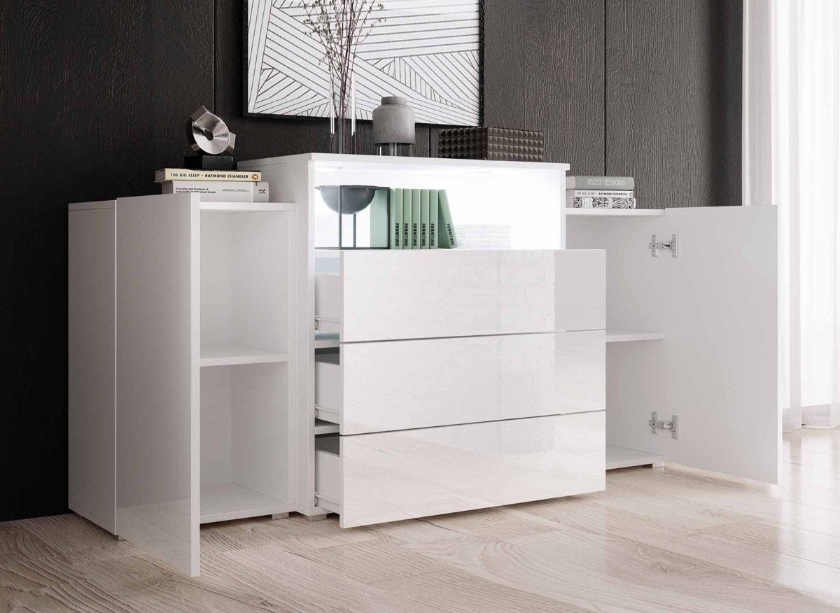 Buffet commodes 2 portes 3 tiroirs blanc laqué avec LED - MARCEL - DécoInParis