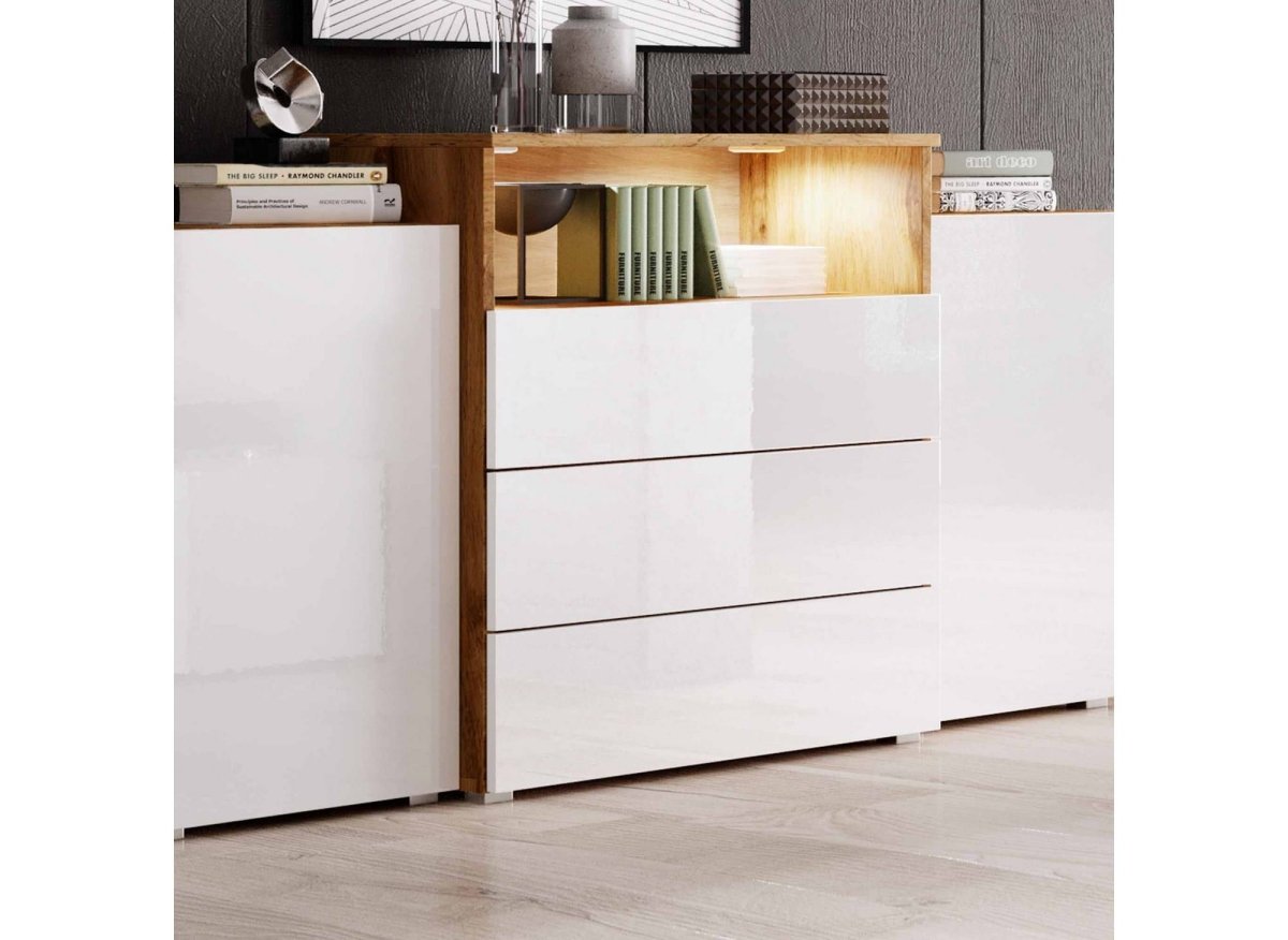 Buffet commodes 2 portes 3 tiroirs chêne et blanc avec LED - MARCEL - DécoInParis