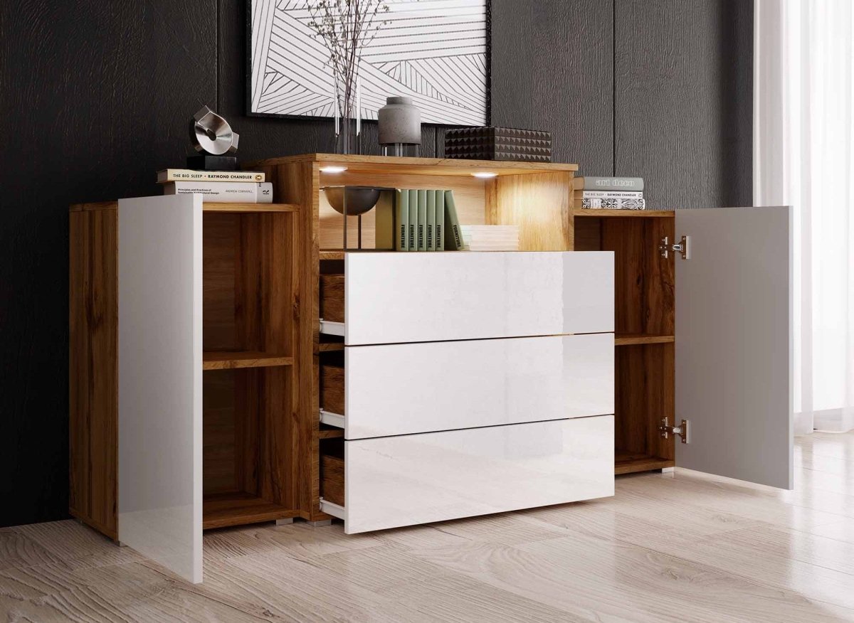 Buffet commodes 2 portes 3 tiroirs chêne et blanc avec LED - MARCEL - DécoInParis