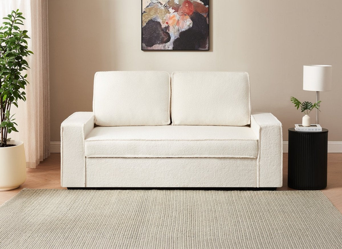 Canapé 3 places convertible en tissu bouclette écru JAMES - DécoInParis