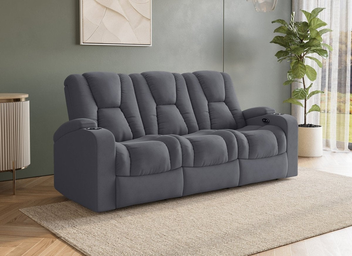 Canapé 3 places relax électrique en tissu microfibre gris EL CLARENCE - DécoInParis