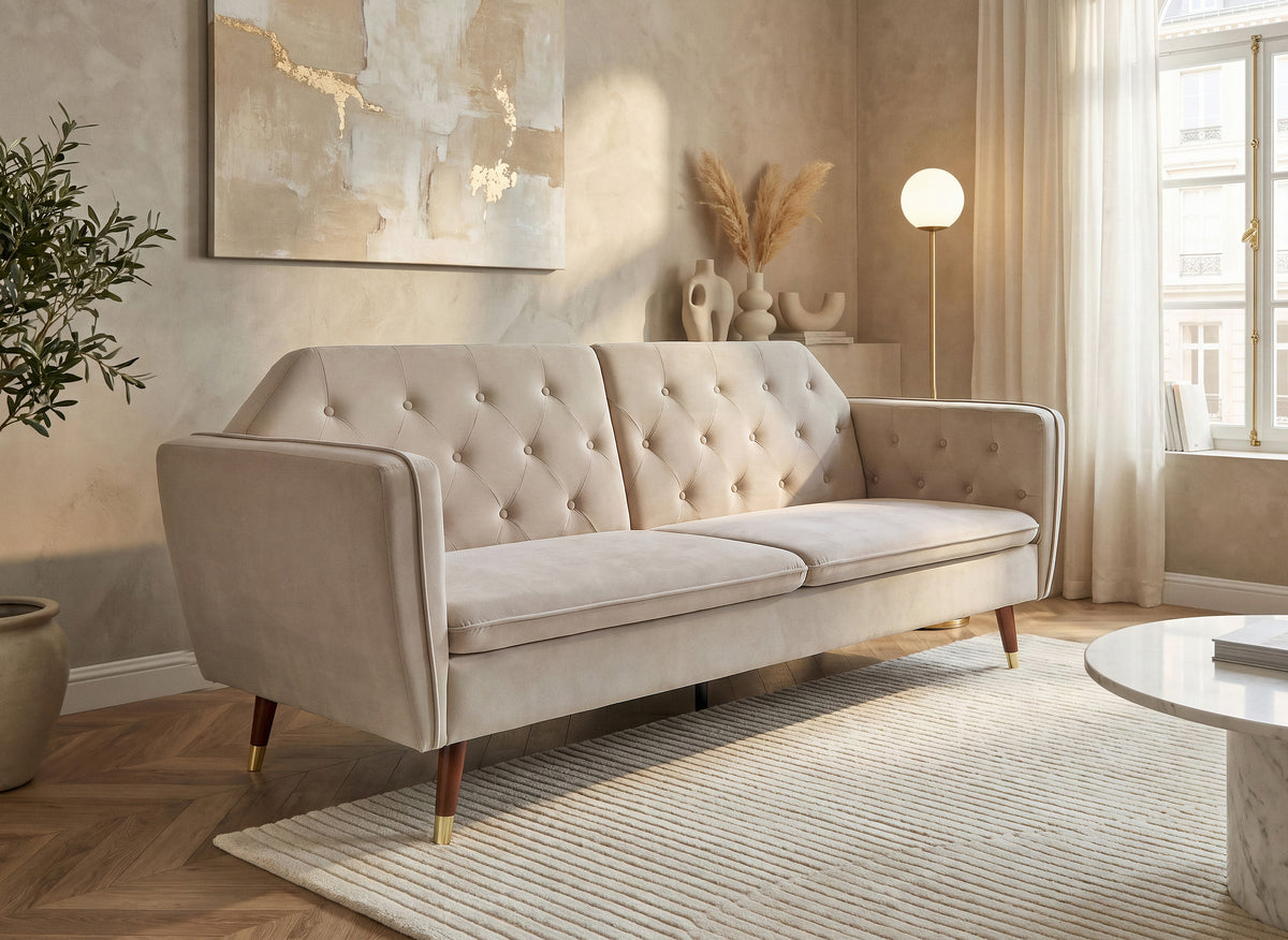 Sofá cama convertible ARIANE de 3 plazas en tela de terciopelo beige