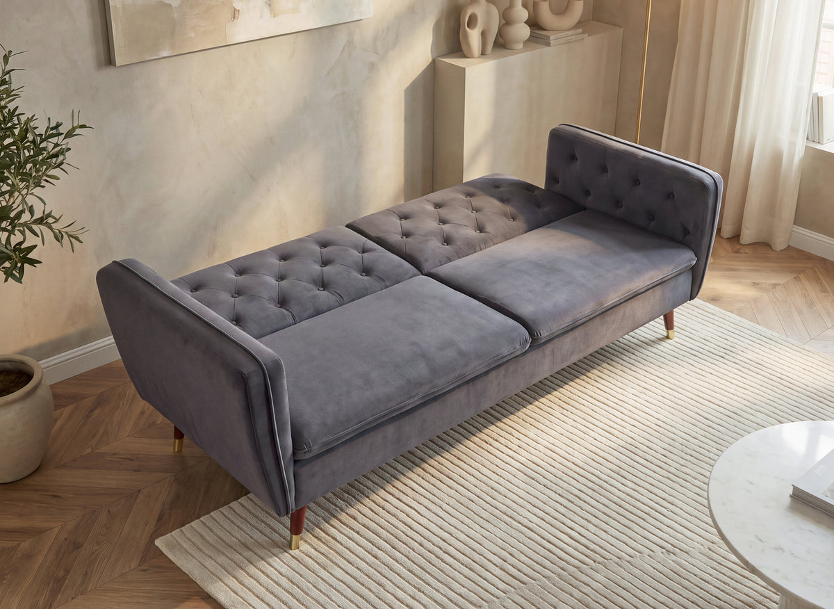 Sofá cama convertible ARIANE de 3 plazas con mecanismo clic-clac en tela de terciopelo gris