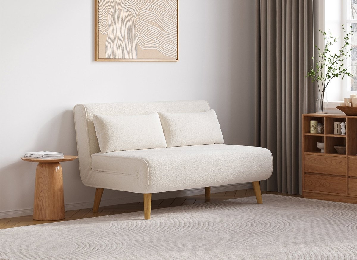 Canapé clic clac 2 places en tissu bouclette écru TONKA - DécoInParis