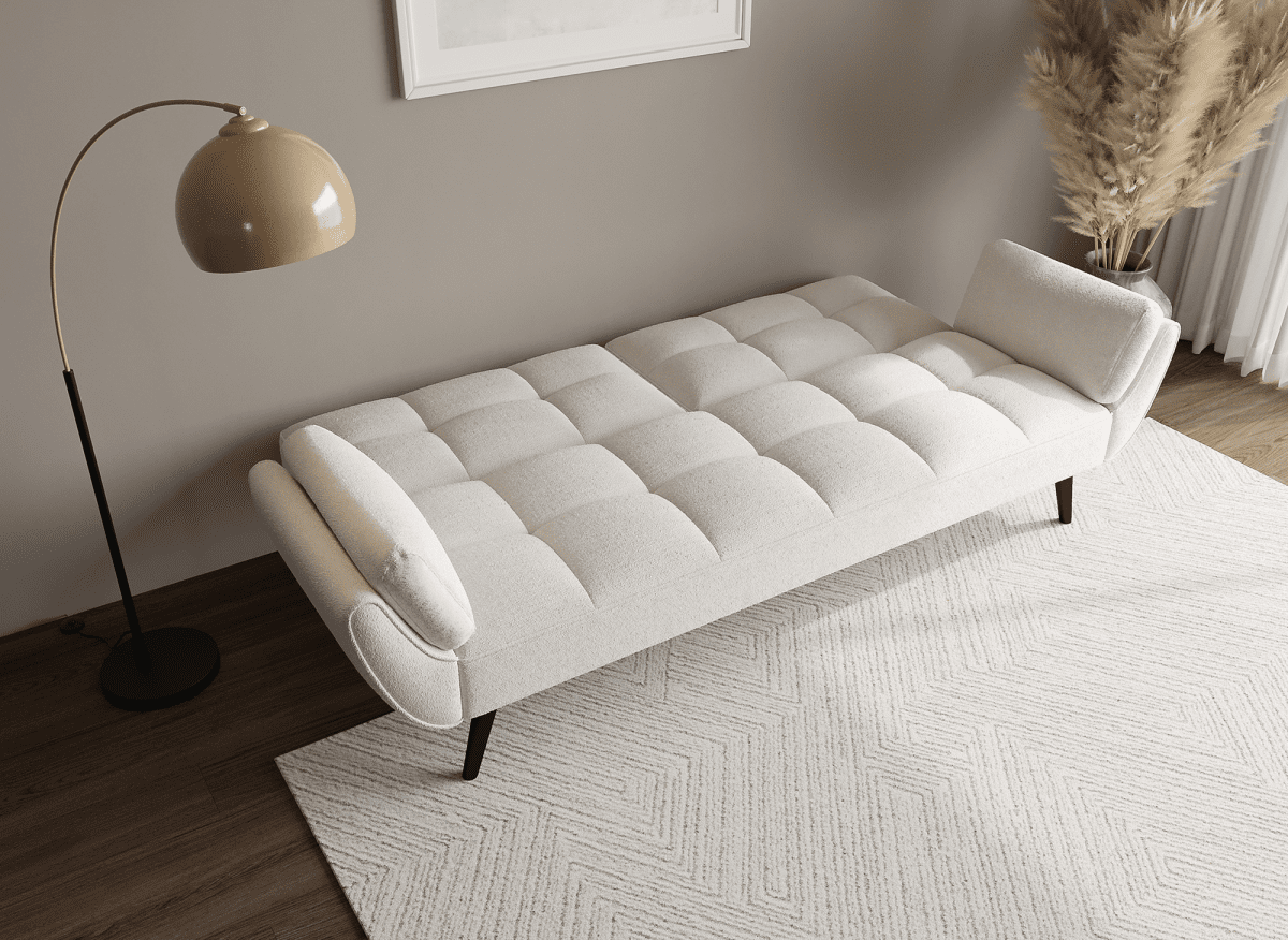 Canapé clic clac 3 places en tissu bouclette blanc écru NARA - DécoInParis