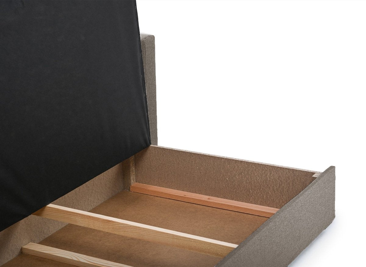 Canapé convertible 2 places avec coffre de rangement en tissu taupe YERAZ - DécoInParis