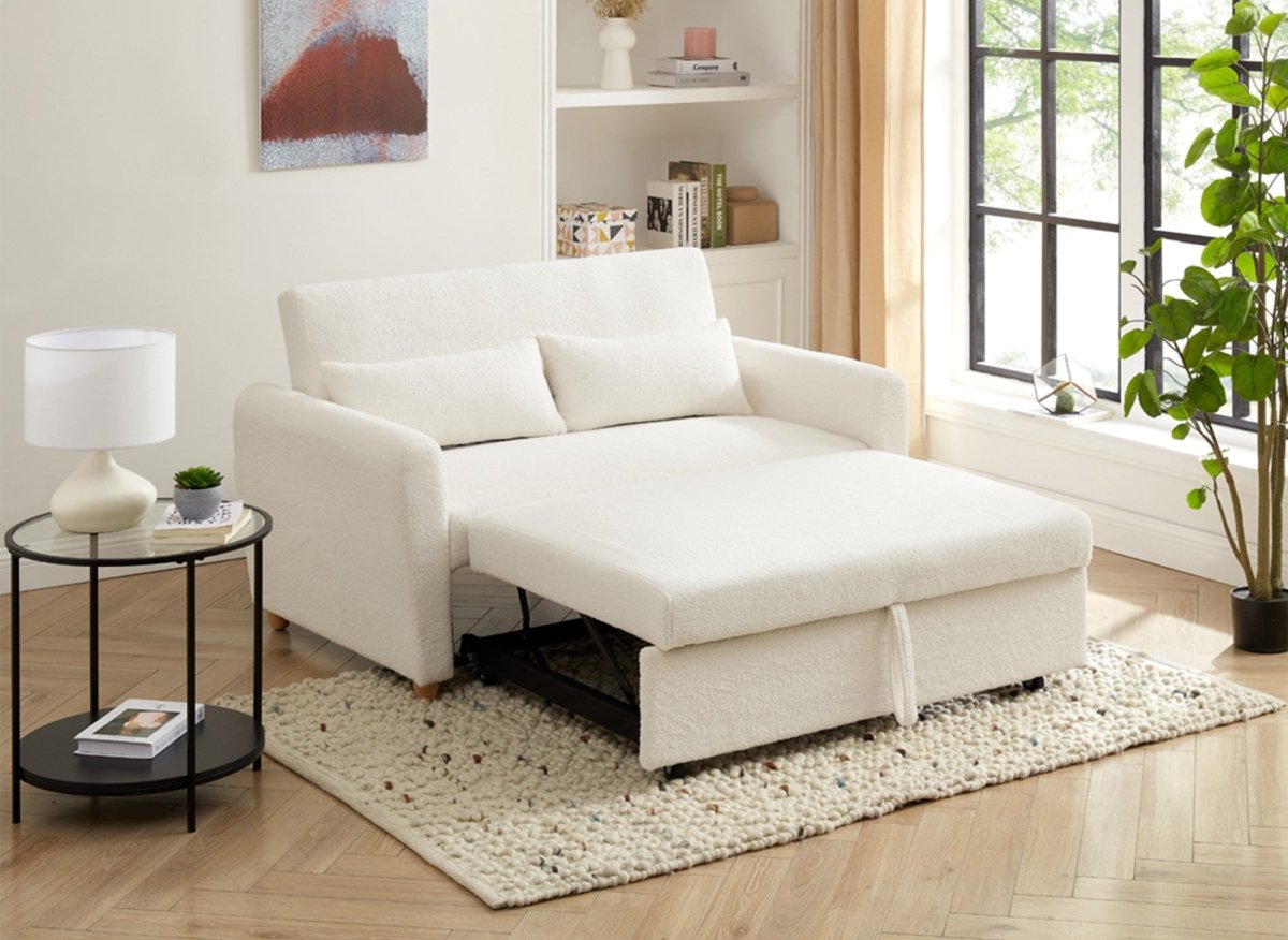 Canapé convertible 3 places en tissu bouclette blanc écru KALAYA - DécoInParis
