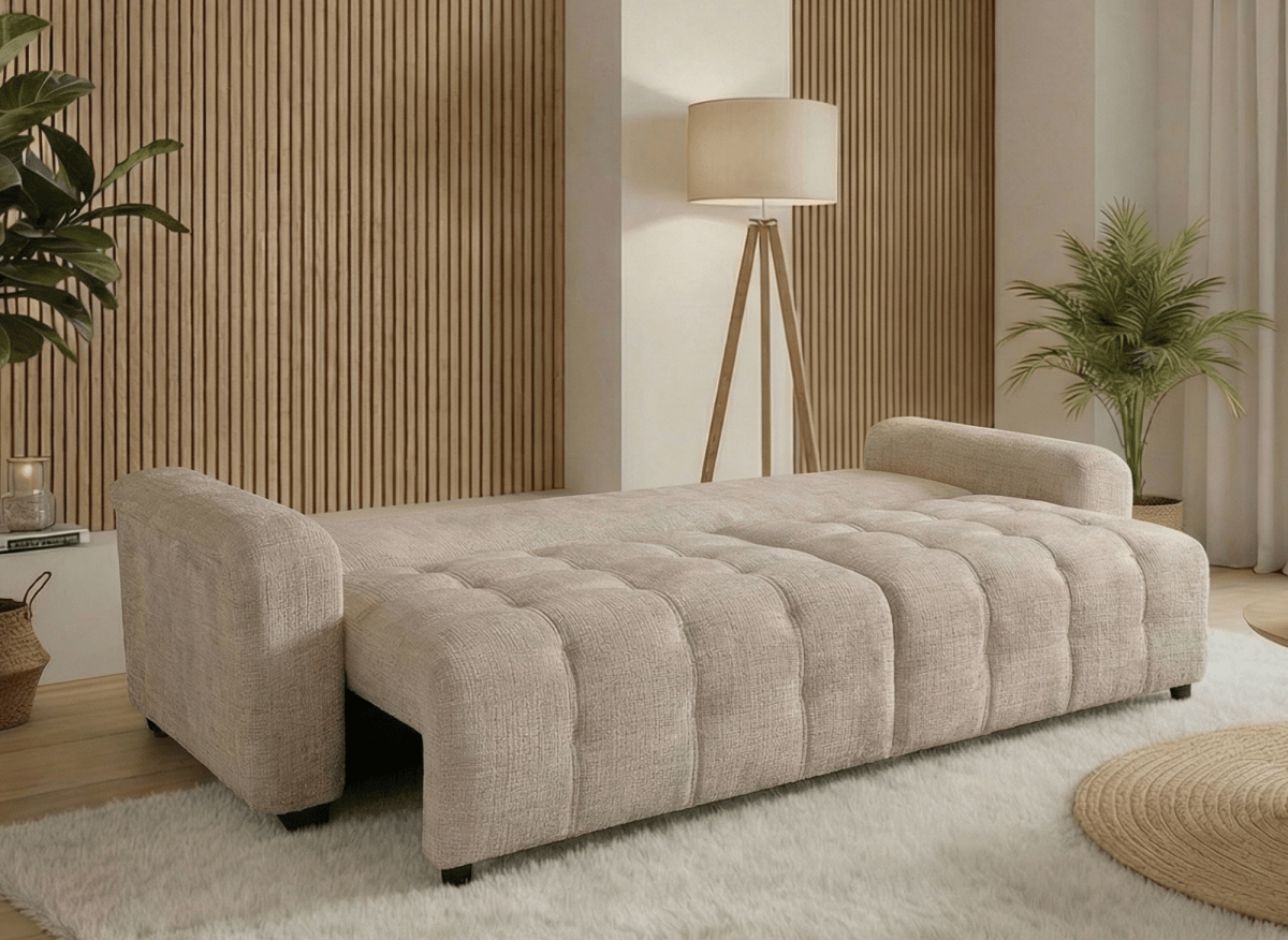 Canapé convertible avec coffre 3 places en velours chiné beige RALYA - DécoInParis