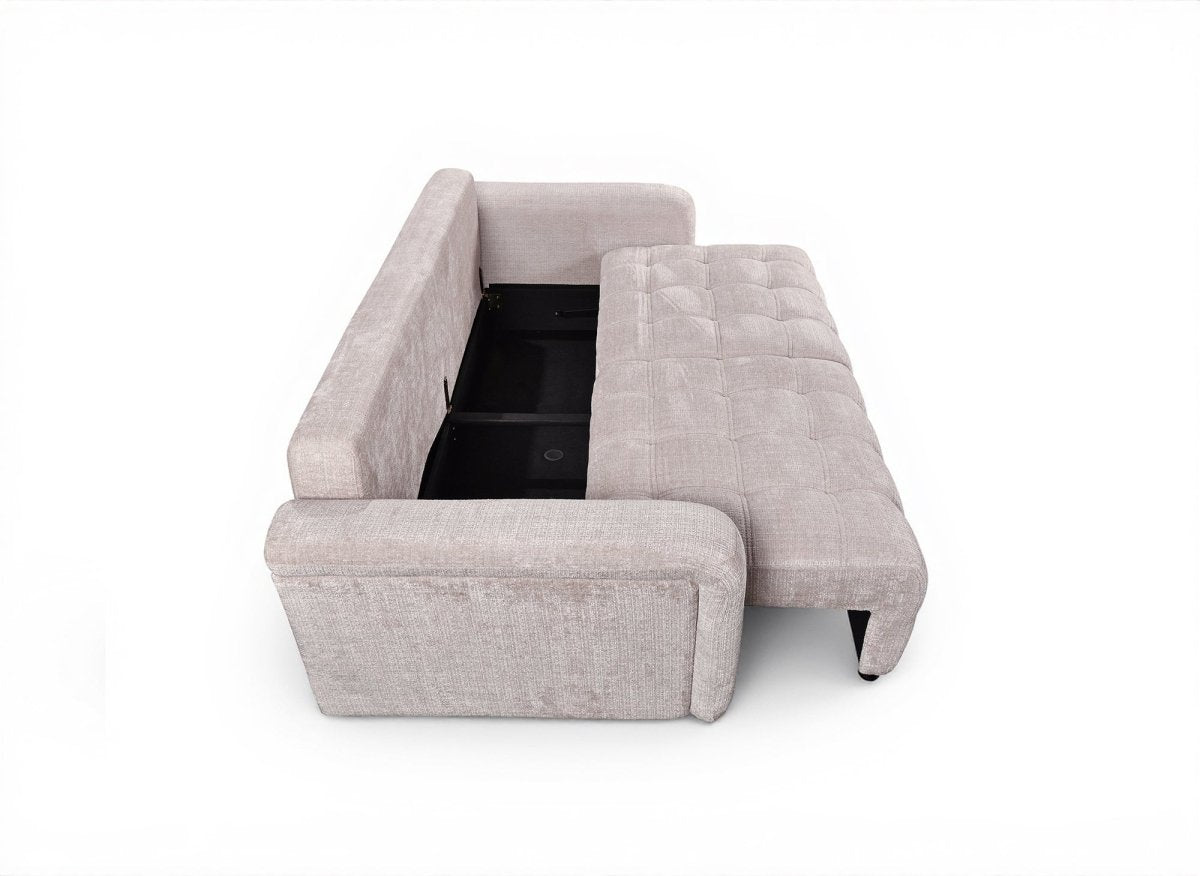 Canapé convertible avec coffre 3 places en velours chiné beige RALYA - DécoInParis