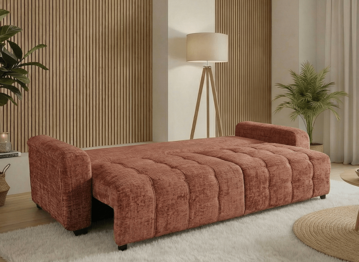 Canapé convertible avec coffre 3 places en velours chiné terracotta RALYA - DécoInParis