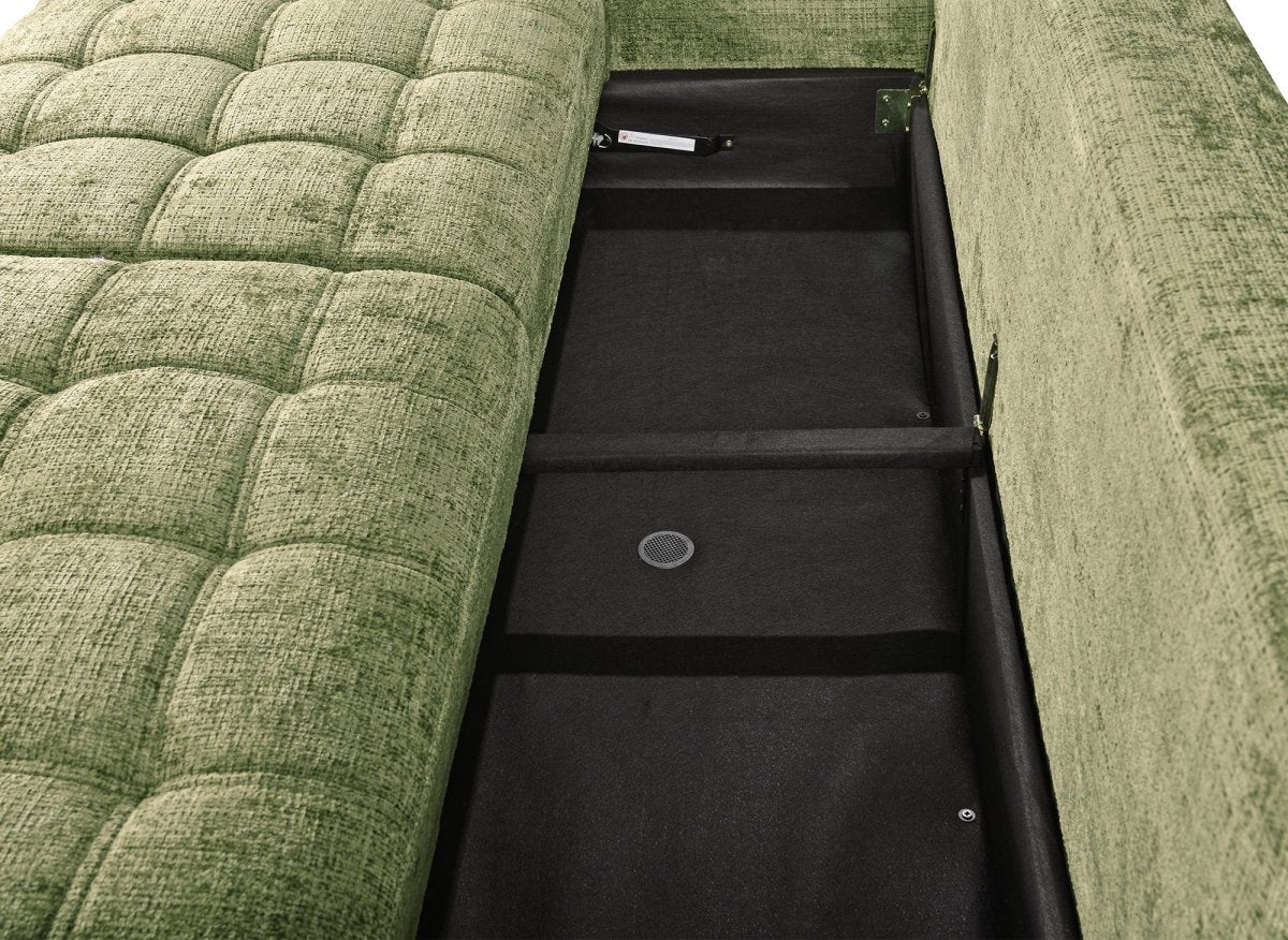 Canapé convertible avec coffre 3 places en velours chiné vert olive RALYA - DécoInParis