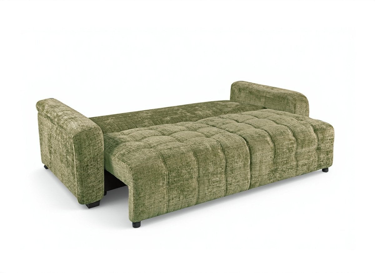 Canapé convertible avec coffre 3 places en velours chiné vert olive RALYA - DécoInParis