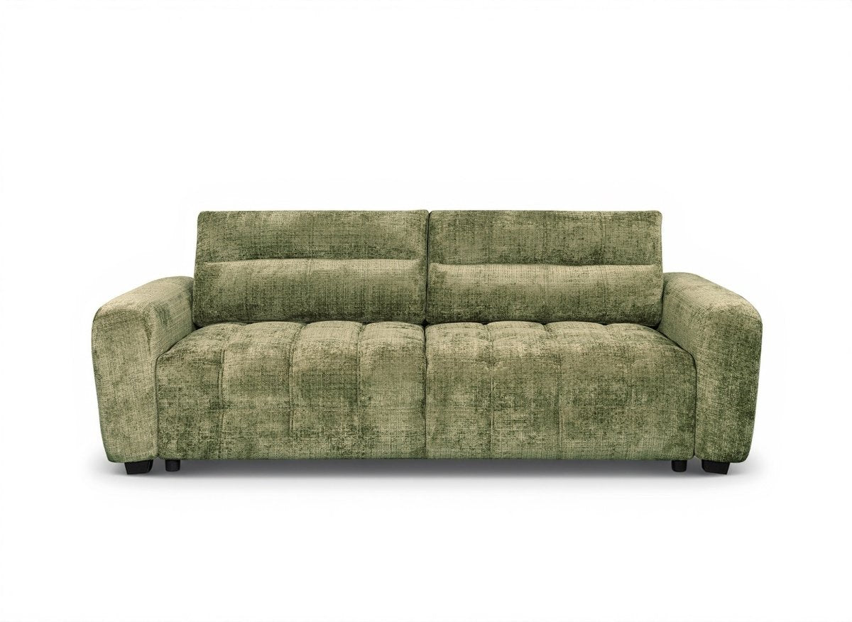 Canapé convertible avec coffre 3 places en velours chiné vert olive RALYA - DécoInParis