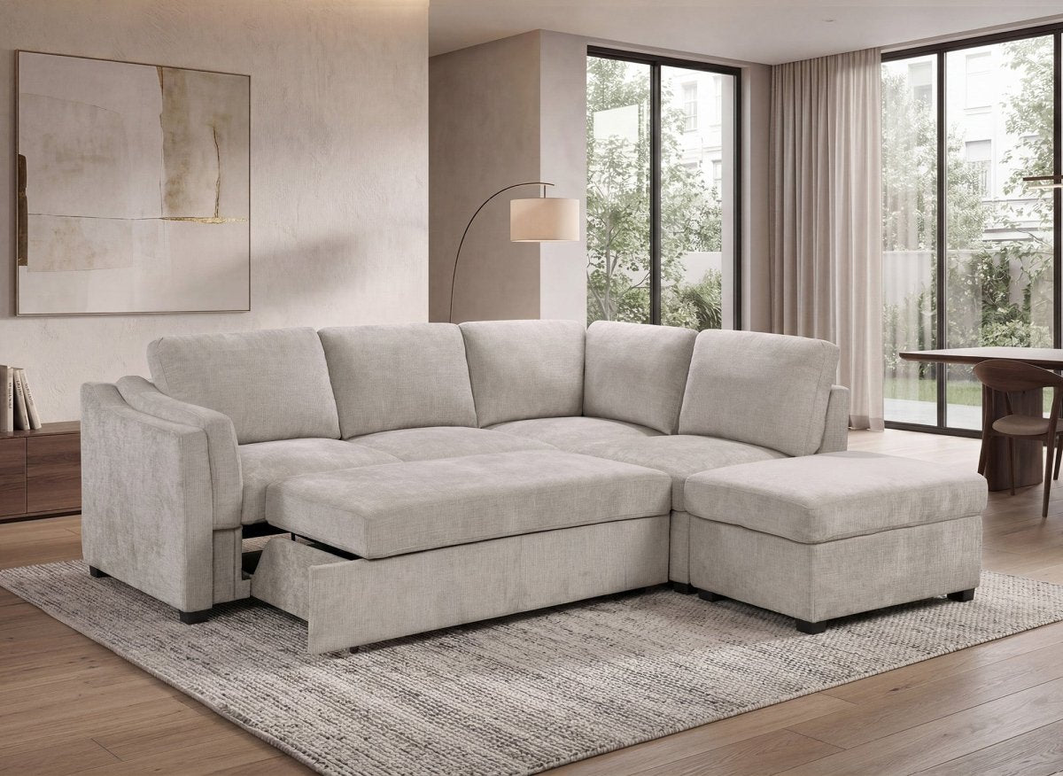Canapé convertible avec coffre en velours chiné beige BARNEY - Angle droit - DécoInParis