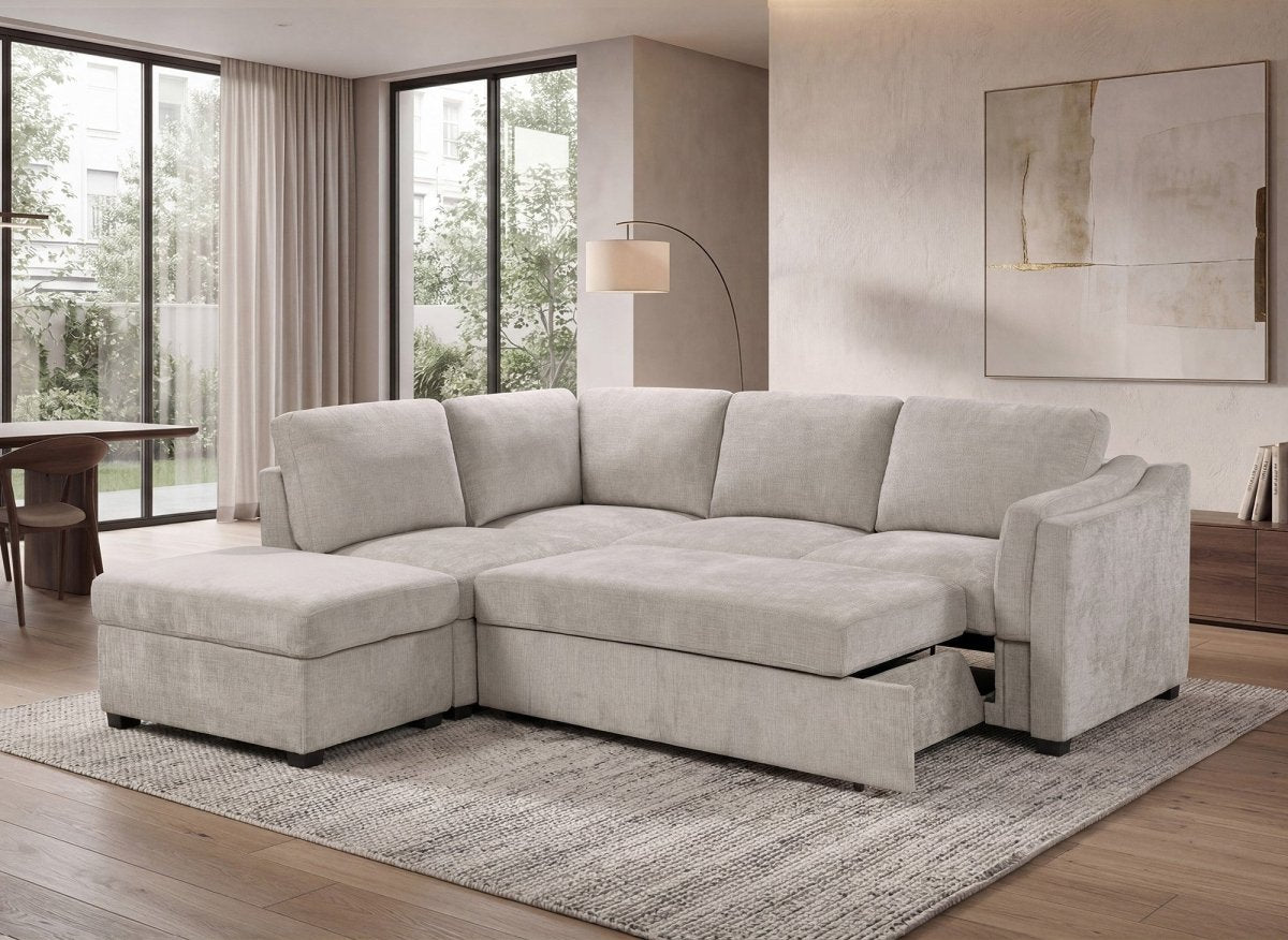 Canapé convertible avec coffre en velours chiné beige BARNEY - Angle gauche - DécoInParis